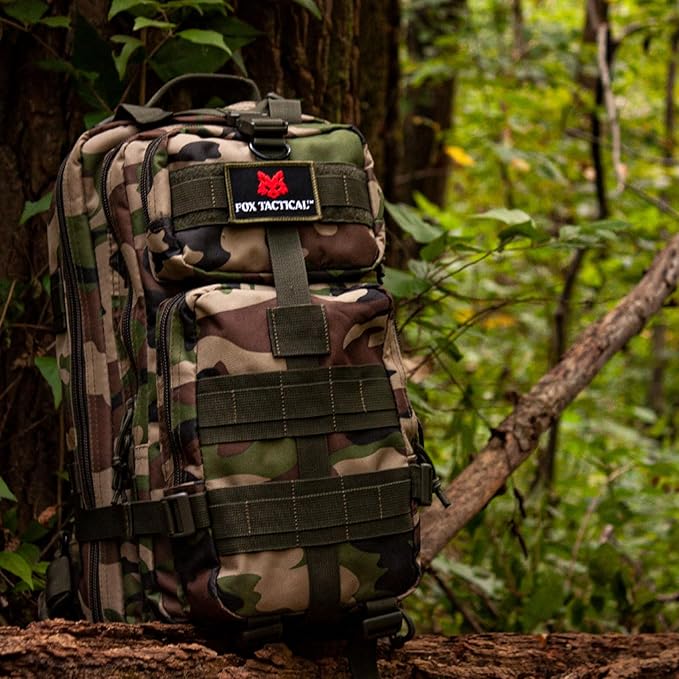 FOX OUTDOOR PRODUCTS Medium Transport Pack | 29L Tactical Backpack with Organizer Pockets MOLLE Webbing &amp Hydration Sleeve Woodland Camo