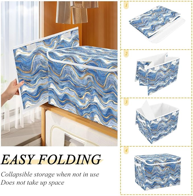 senya Large Storage Bins with Linen Collapsible Foldable Storage Cubes Fabric Closet Organizer Containers Box with Flip-Top Lid Home Bedroom Office 16.7 x 12.6 x 11.8in (Blue Gold)