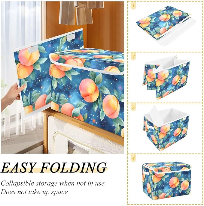 AIXIWAWA Lidded Storage Cube (Watercolor Peaches) Fabric Foldable Closet Bins with Flip Lid and Handles Organizer Basket Container 16.5 x 12.6 x 11.8 IN