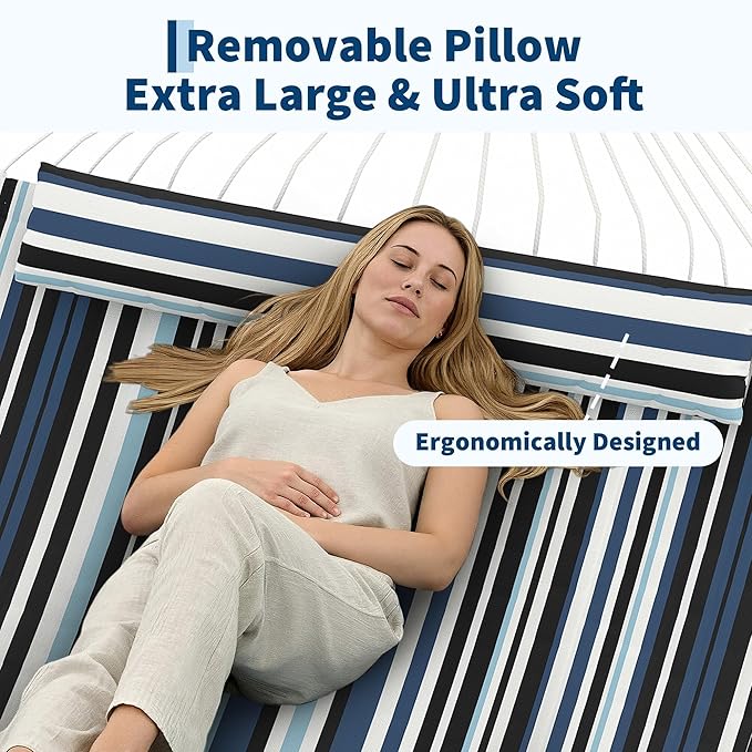 12 FT Double Quilted Fabric Hammock with Spreader Bar &amp Detachable Pillow 450 LBS Capacity 2 Person Hammock Indoor Outdoor for Patio Backyard Poolside Garden