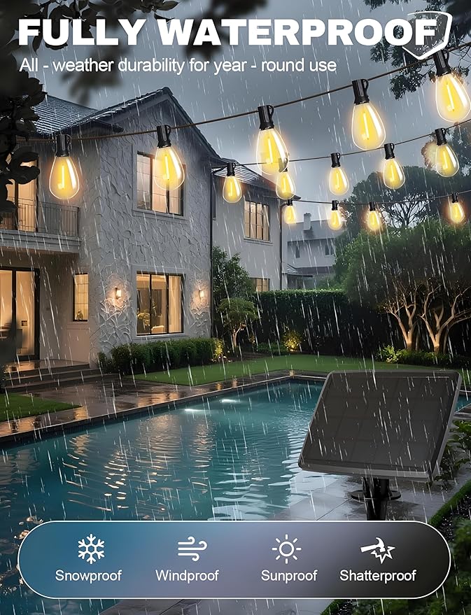 Tenmiro 120FT Solar Outdoor String Lights with Remote and 32+2 LED Shatterproof Bulbs Dimmable &amp Timing 3 Light Modes Solar Patio String Lights for Cafe Garden Deck Outside Wedding Last for 10+