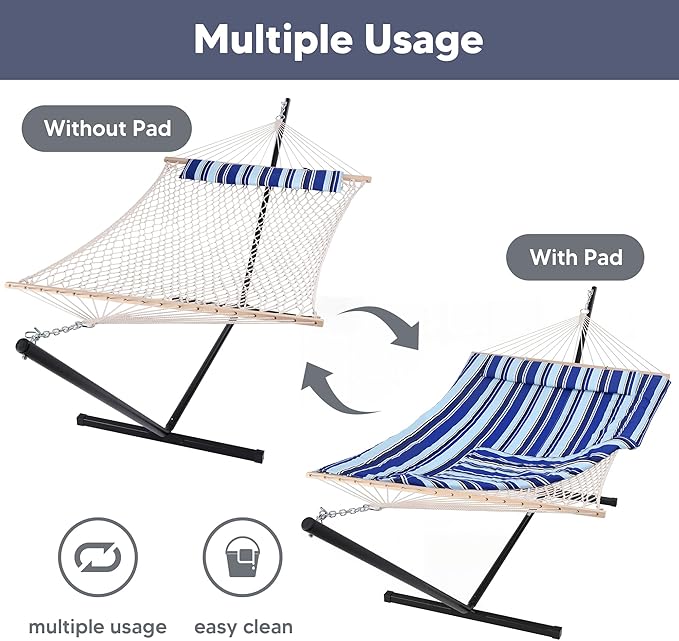 SUNCREAT Double Hammock with Stand Two Person Cotton Rope Hammock Blue Stripe