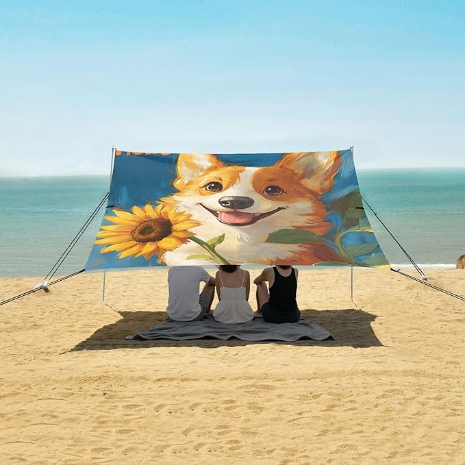 ALAZA Cute Corgi Sunflower Beach Tent Sun Shelter Portable Canopy Sunshade for Outdoor Camping Picnics Backyard Fun 10x9 ft