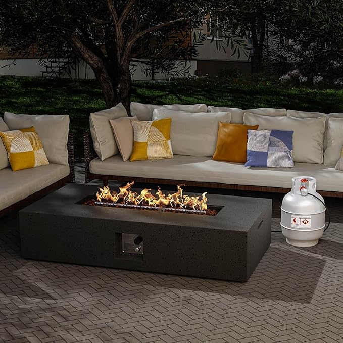SUNBURY Outdoor Travertine Fire Pit Table 56 inches Rectangle Propane Gas Patio Fire Pit 50000 BTU Concrete Low Firepit Table with Lava Rocks Waterproof Cover (Grey)