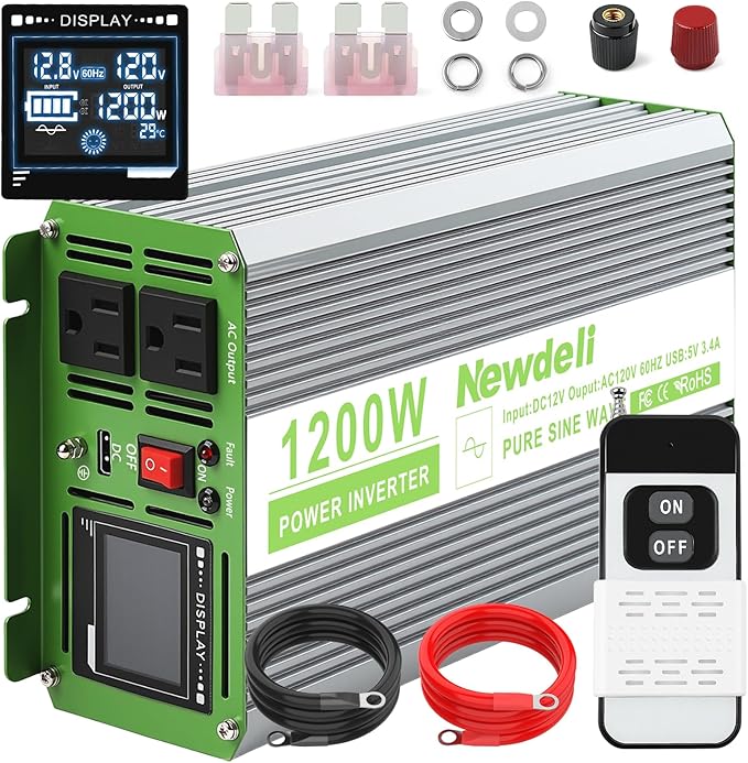 Newdeli 1200W Pure Sine Wave Inverter 12V to 110V 120V AC Converter Car Power Inverter for Vehicles RV Truck Solar Outdoor with 2 AC Socket 5V 3.4A USB LCD Display and Remote Controller