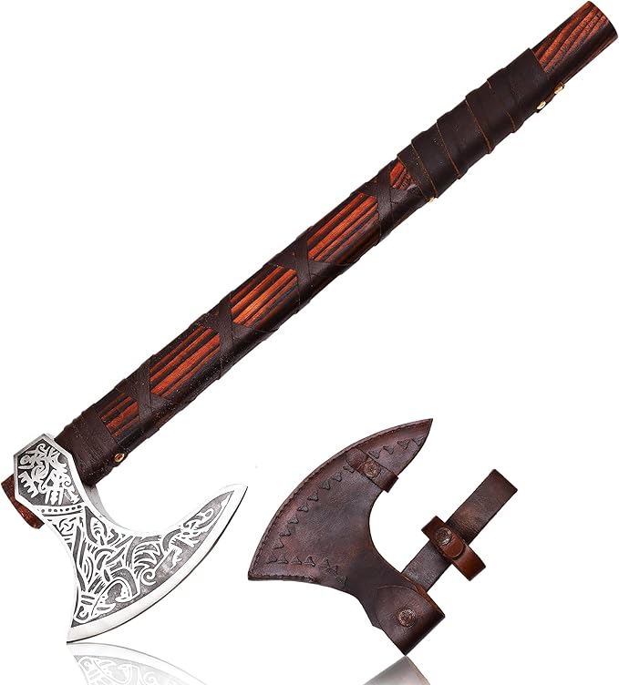 Generic KnifeArt Viking Axe Carbon Steel Blade Viking Style with Leather Wrap Length 22 inches(Brown) Camping Axe