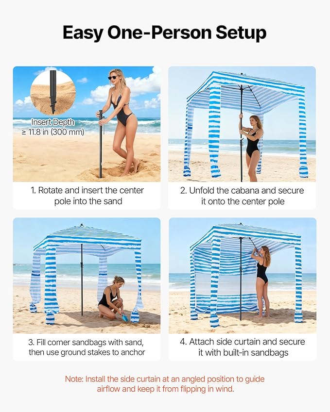 VEVOR Beach Cabana 6 x 6 ft Beach Canopy with Side Wall UPF 50+ Protection Easy Setup Cabana Tent with Sand Pockets Portable Shade Sun Shelter Umbrella for Whole Family &amp Friends Blue Stripes