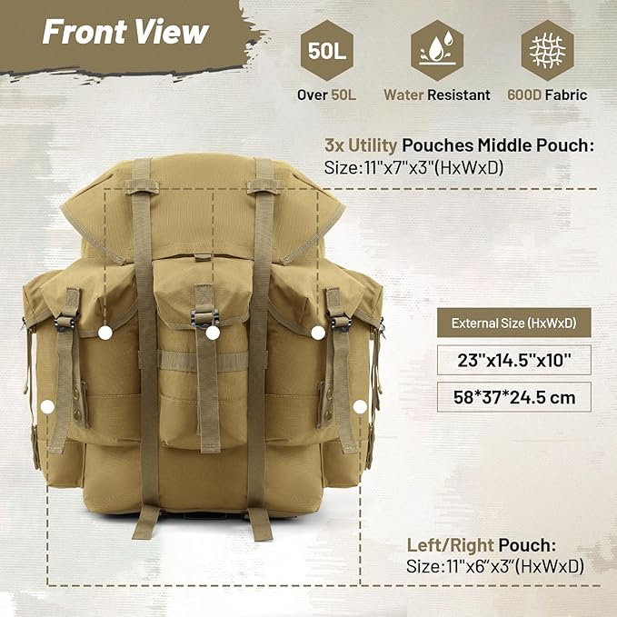 50L Military Alice Pack Army Survival Combat ALICE Rucksack Backpack for Men &amp Women for Camping Hiking Emergency Khaki