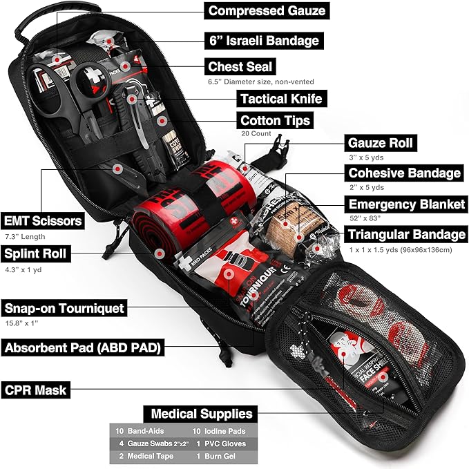 Survival First Aid Kit with Israeli Bandage Chest Seal Tourniquet Splint Tactical Military Combat Molle IFAK for Wound Care Bleeding Control Trauma Hemorrhage and More (Black)