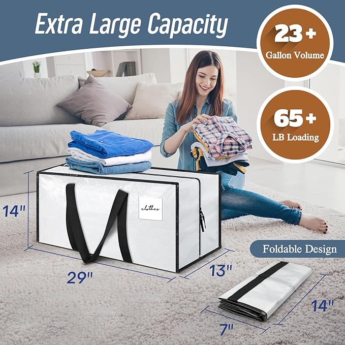6 Pack Extra Heavy Duty Large Moving Bags with Strong Zipper &amp Comfortable Handles Sturdy &amp Durable Clothes Storage Bags Totes Bins Packing Moving Boxes for College Supplies White