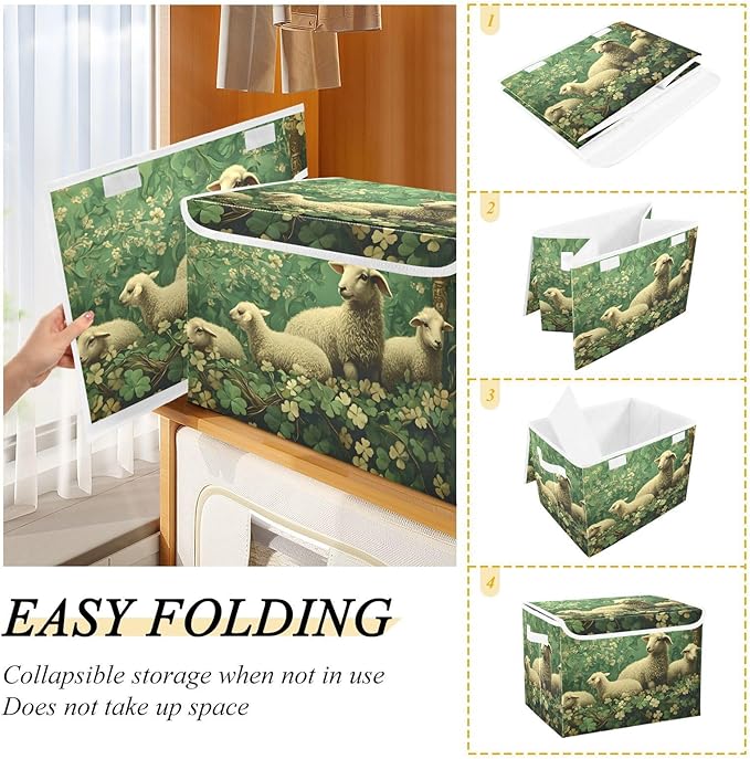 Storage Cube with Lid Green Leaves Sheep Print 16.5×12.6×11.8 IN Collapsible Large Capacity Foldable Storage Basket Bin Organizer