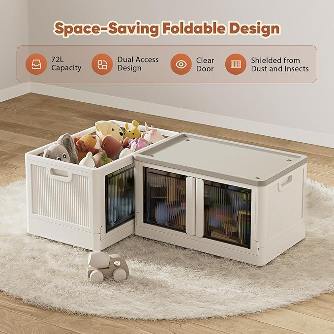 19 Gallon Collapsible Storage Box Folding Storage Cabinet with Door and Wheels Clear Door Dual Open Storage Box for Home 1 Pack