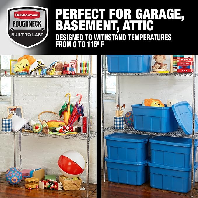 Rubbermaid Roughneck Tote 14 Gal 6 Pack Made in USA Heritage Blue Rugged Plastic Stackable Storage Bins with Lids and Handles