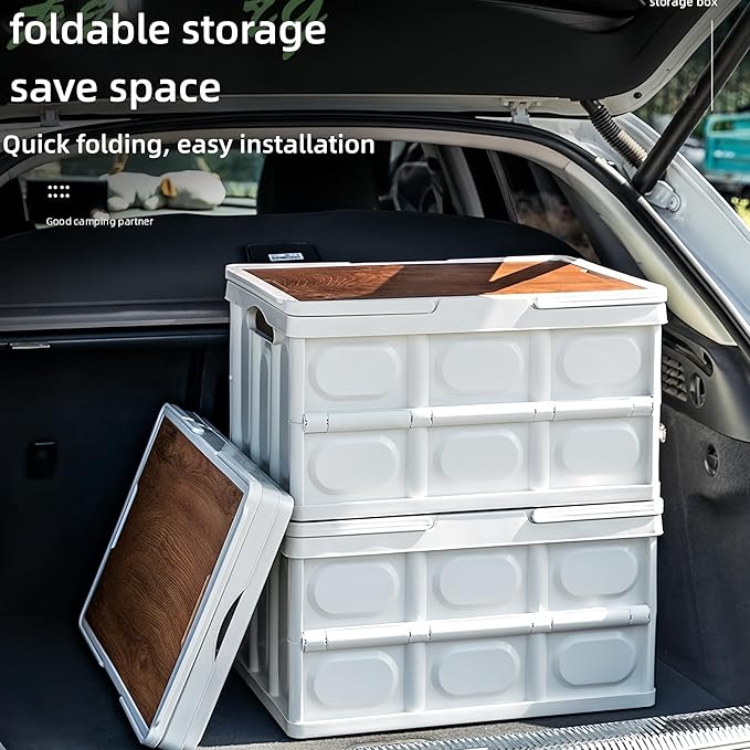 Outdoor Collapsible Storage Box with Handles and Wooden Lid Portable Large Capacity Stackable Crates Outdoor Storage Bin with Table Function Ideal for Car Trunk RV Trip Picnic (Black Small)