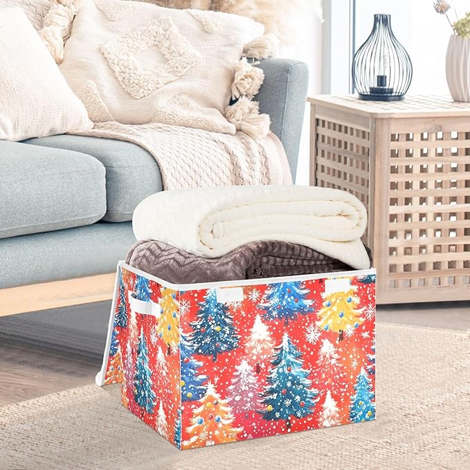 Vivid Red Christmas Trees Storage Box with Lid 1 PC Foldable Storage Bin with Lids Stackable Storage Bins Cube Closet Organizer Basket with Flip-Top Lid &amp Handles for Shoes Books Towels