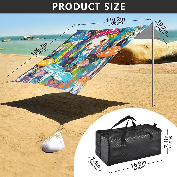 Funny Mermaid3 Beach Cabana Tent UPF50+ Lightweight Portable Sun Shelter with Sandbags and Shovel for Camping Fishing Backyard Fun