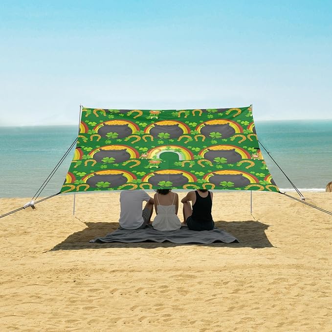 Beach Canopy with Windproof Ropes &amp Sandbags Beach Tent Sun Shade Sun Shelter for Camping Trips Fishing Backyard Fun or Picnics St. Patrick's Day