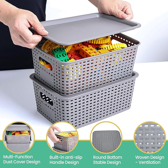 Plastic Storage Baskets with Lid-Plastic Storage Containers Stackable Storage bins: Storage Baskets for Organizing Shelves Drawers Desktop Closet Playroom Classroom Office8 Pack-Gray10.2x7.2x4.1Inch