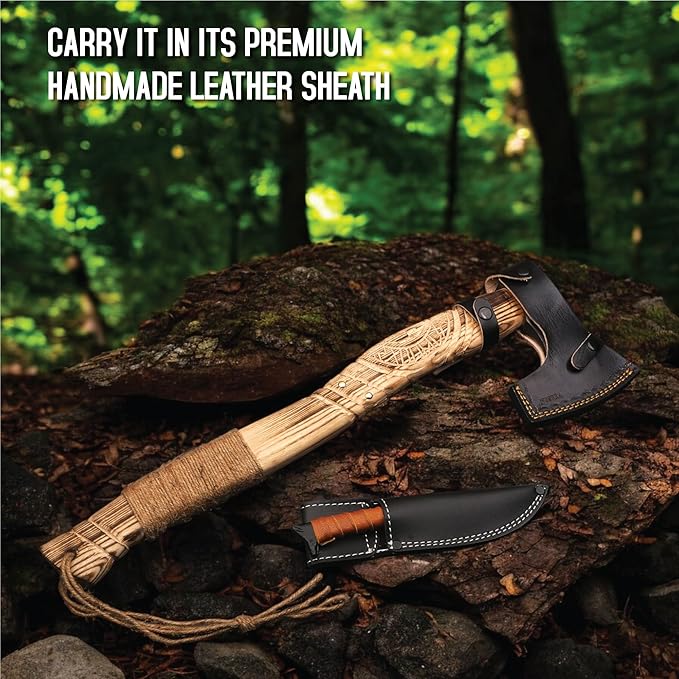 Hand Forged Viking Axe and Knife Set with Leather Sheaths - Carbon Steel Bearded Viking Hatchet Carved Wooden Handle Throwing Axe for Camping Survival Bushcraft Splitting Chopping &amp Hiking