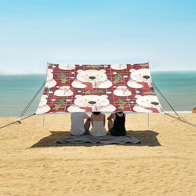 ALAZA Bear Christmas Checkered Beach Tent Sun Shelter UPF50+ Protection Beach Shade Canopy w/ 4 Sandbags for Outdoor Camping Fishing Backyard Fun Picnic 10x9 ft