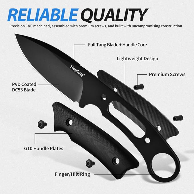 Fixed Blade Knife with Sheath 3.5” DC53 Steel blade with Black Titanium Coating and G10 Handle Full Tang Outdoor Camping Hiking Survival Knives for Men Women