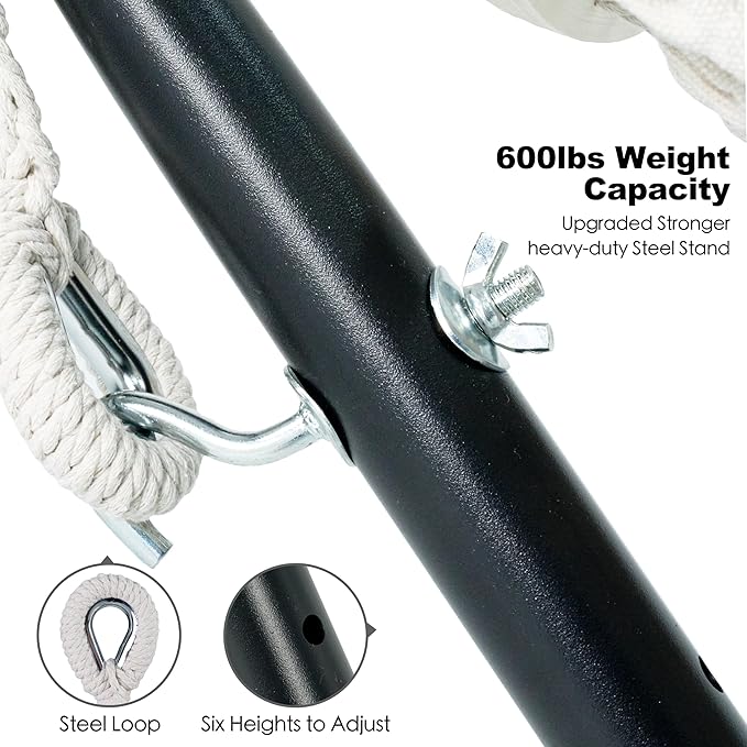 GAFETE Double Hammock with Stand for Outside Upgraded Spreader Bar Heavy Duty Space Saving Steel Stand 2 Person Convenient Pocket Easy Assembly 600lbs Weight Capacity Indoor &amp Outdoor (Natur