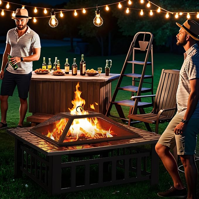 Greesum Multifunctional Patio Fire Pit Table 32in Square Metal BBQ Firepit Stove Backyard Garden Fireplace with Spark Screen Lid and Rain Cover for Camping Outdoor Heating Bonfire Dark Black