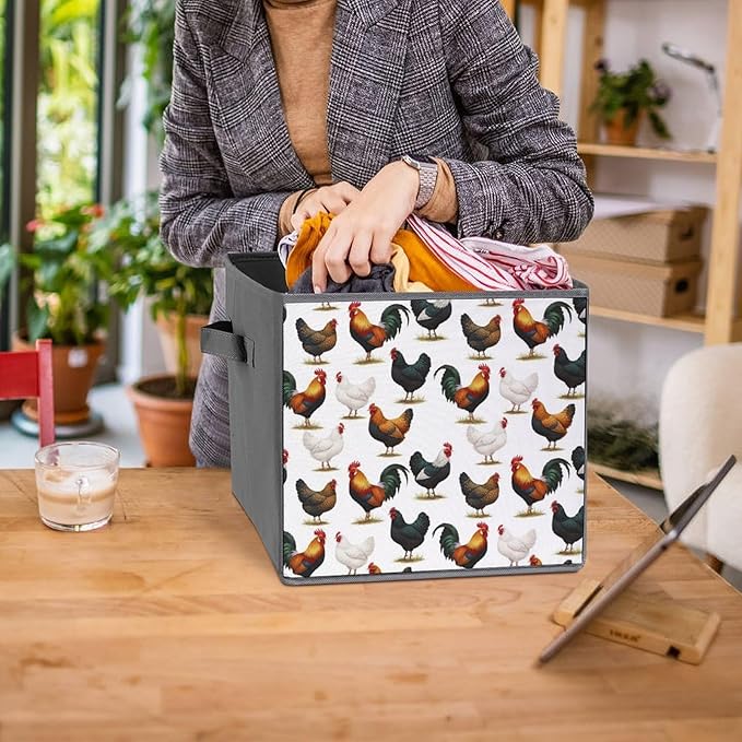 Collapsible Storage Box with Handles Cute Farm Animals Chicken Multi-Purpose Foldable Cube Bin for Pantry Garage Bathroom Quick-Fold Design for Easy Storage
