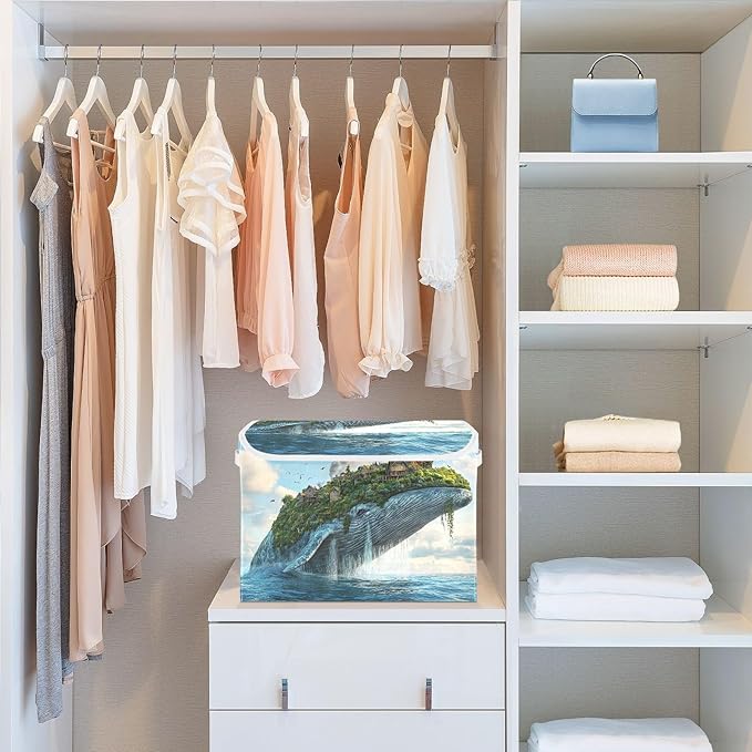 Storage Cube with Lid Surreal Whale Print 16.5×12.6×11.8 IN Collapsible Large Capacity Foldable Storage Basket Bin Organizer