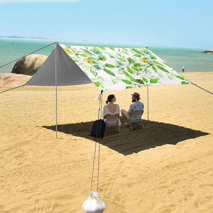 Beach Canopy with Windproof Ropes &amp Sandbags Beach Tent Sun Shade Sun Shelter for Camping Trips Fishing Backyard Fun or Picnics Leave