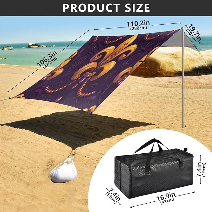 Fleur De Lis Flower Mardi Gras Beach Tent Sun Shelter Set UPF50+ UV Protection 10.5 x 9.19 FT Camping Shade Canopy with Sandbags Sand Anchors Carrying Bag and Others