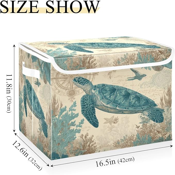 Retro Sea Turtle Compass Collapsible Storage Bins with Lids Decorative Fabric Cubes Closet Organizer Basket Boxes Containers for Clothes Box Chest Folding Rectangle