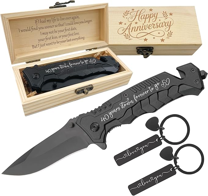 40 Years Wedding Anniversary Keepsake Him 40th Ruby Anniversary Present for Husband 40 Years Marriage Men Gift Idea Engraved Pocket Knife with Wood Box Hunting Camping Fishing Folding Knives