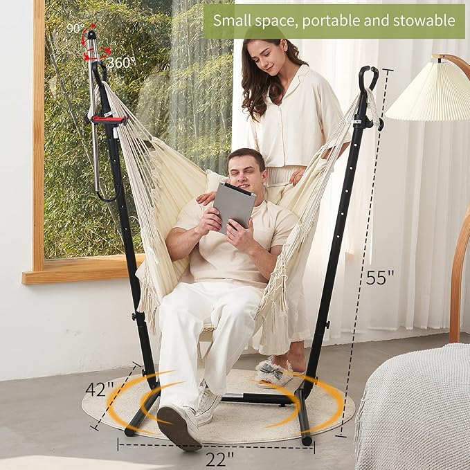 Hammock with Stand Phone Holder Included Double Hanging Chair Macrame Boho Handmade Adjustable Swing Indoor Outdoor Patio Yard Garden Porch 400lbs Capacity (2022 White)
