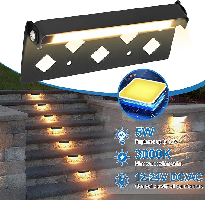 8-Pack 7 Inch LED Hardscape Lighting 5W Low Voltage Step and Retaining Wall Lights 12-24V AC/DC Waterproof Outdoor Landscape Paver Lights 3000K Warm White