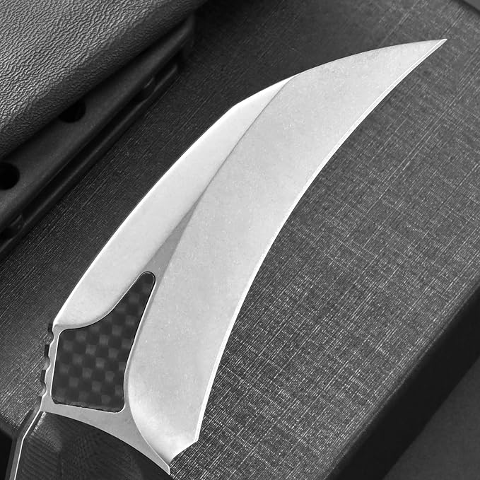 Ccanku C1692 Carbon Fiber Fixed Blade KnifeD2 Steel G10 Handle 4 Inches Camping EDC Tools Survival Claw Teeth Knife with Kydex Sheaths(Silver) … …