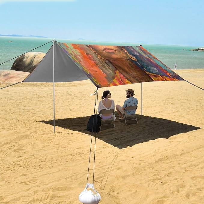 ALAZA African American Oil Painting Beach Tent Sun Shelter UPF50+ Protection Beach Shade Canopy w/ 4 Sandbags for Outdoor Camping Fishing Backyard Fun Picnic 10x9 ft