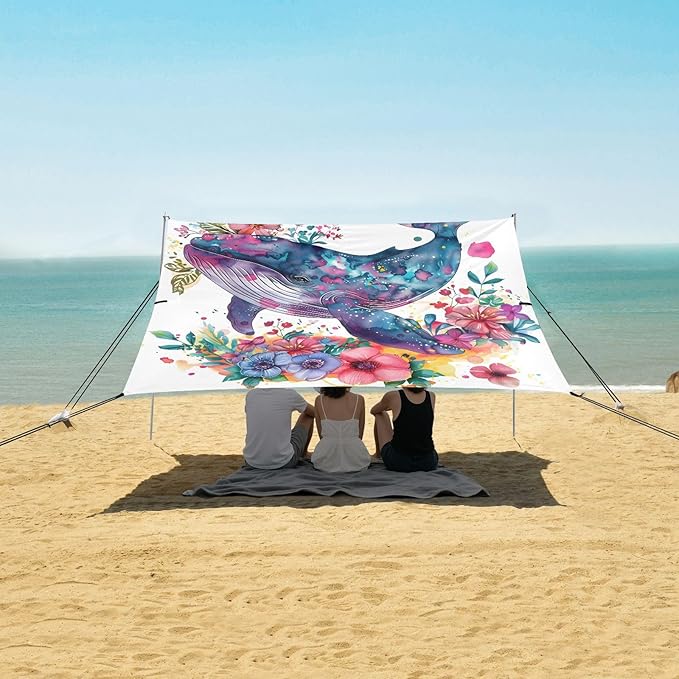 ALAZA Whale and Flower Beach Tent Sun Shelter UPF50+ Protection Beach Shade Canopy w/ 4 Sandbags for Outdoor Camping Fishing Backyard Fun Picnic 10x9 ft