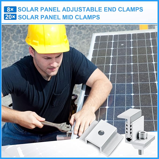 1.06 Inch Solar Panel Bracket Aluminum Solar Mid Clam with Mounting Brackets 32-50 mm Clamps Adjustable End Panel Clamps(28 Pieces)