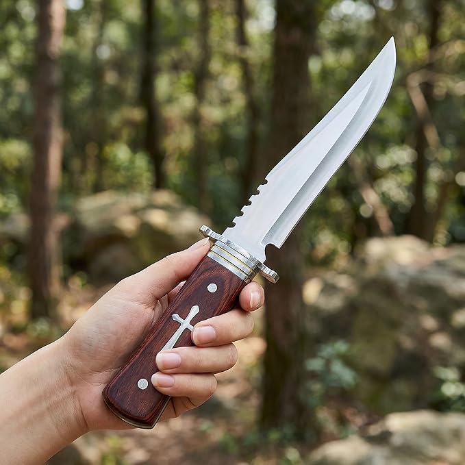 12.7 Fixed Blade Survival Knife with Sheath - Heavy Duty Stainless Steel Bowie Knife for Camping Hunting &amp Bushcraft - Large Solid Wood Handle Outdoor Tool with Sawback
