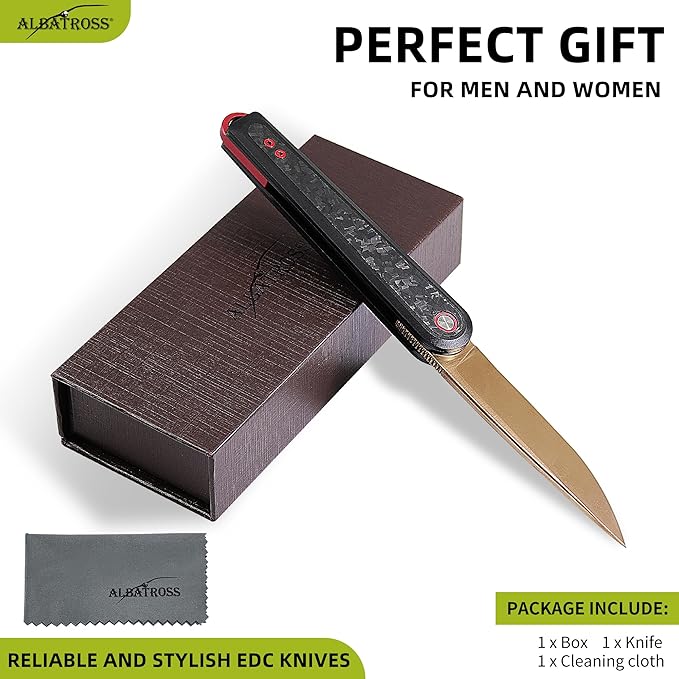 ALBATROSS Collector's Gift for Father's Day Mother's Day Gold Blade Folding Knife 3.3 D2 Steel Black Aluminum &amp Carbon Fiber Reversible Clip CNC Crafted Premium Gift Box
