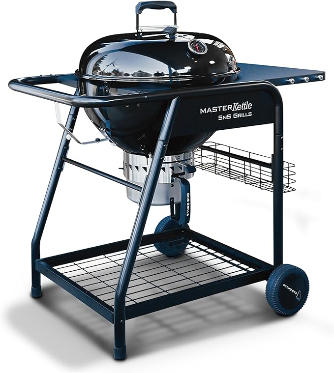 SnS Grills 22-Inch Charcoal Grill and Smoker — MasterKettle with Patented Slow ‘N Sear Deluxe Insert 304 Stainless EasySpin Grate Integrated Side Table 10-Year Warranty.