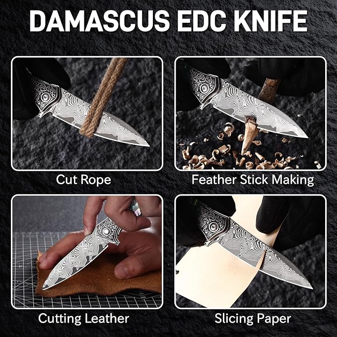 Damascus Pocket Knife for Women 3.54 Sharp Damascus Steel Blade and Abalone Shell Handle EDC Folding Knives for Camping Hiking