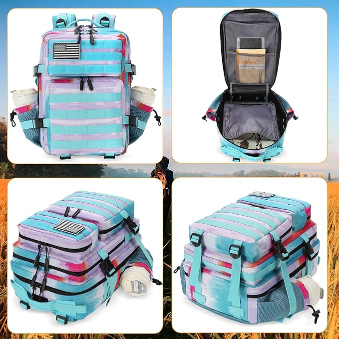 Lovelinks21 25L Tactical Military Backpack Small Travel Backpack for Men and Women Assault Pack Bug Out Bag Molle Daypack Gym Backpack with Bottle Holder (Rainbow Tie Dye)