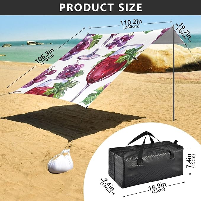 ALAZA Red Wine Glass Grape Seamlss Beach Tent Sun Shelter Portable Canopy Sunshade for Outdoor Camping Picnics Backyard Fun 10x9 ft