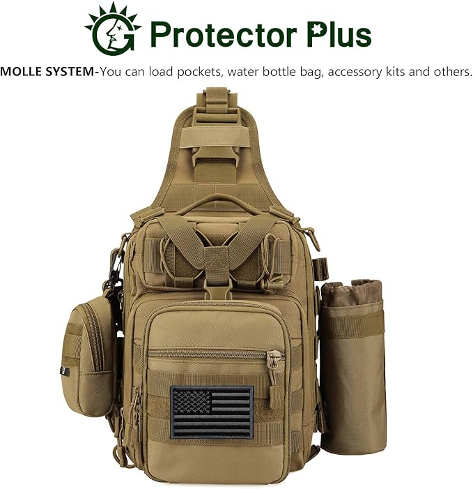 Protector Plus Tactical Sling Bag Military MOLLE Crossbody Pack Chest Shoulder Backpack (Patch Included) | Chest Shoulder Patch Included