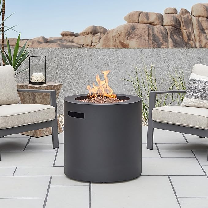 Real Flame Aegean 24 Round Propane Gas Fire Pit Table with Hidden Tank 50000 BTU Powder-Coated Steel Push-Button Ignition Lava Rock Storage Cover Stainless Steel Burner with Lid - Black