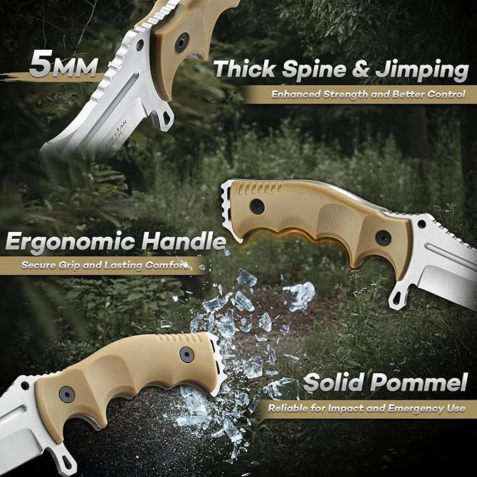 Freelander Fixed Blade Knife with Sheath Full Tang D2 Steel Survival Knife Camping Bushcraft Knives with Ergonomic Handle Outdoor Knives for Men