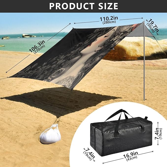 Charming Woman Beach Tent Sun Shelter Set UPF50+ UV Protection 10.5 x 9.19 FT Camping Shade Canopy with Sandbags Sand Anchors Carrying Bag and Others