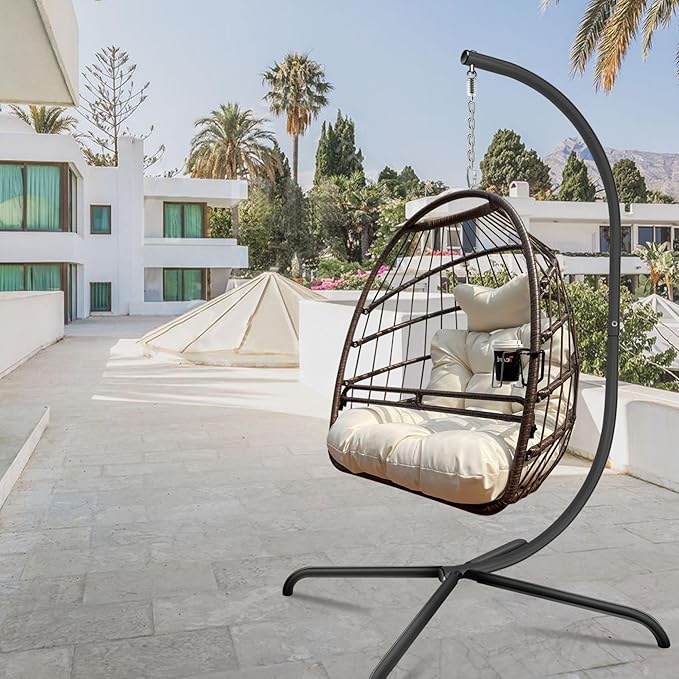 Swing Egg Chair with Stand Indoor Outdoor Wicker Rattan Patio Basket Hanging Chair with C Type Bracket Cushion Pillow and Special Construction Cup Holder